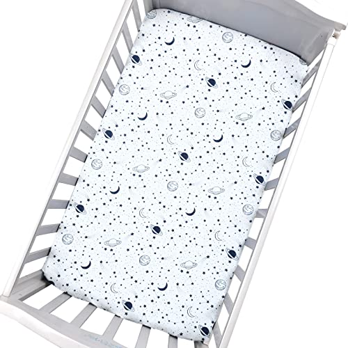 Image of JISEN Baby Crib Sheet 1 Piece Portable Fitted Crib Sheet for Standard Crib and Toddler Mattresses Nursery Bed Decor for Boys Girls 28x52 Inch Stars Planets