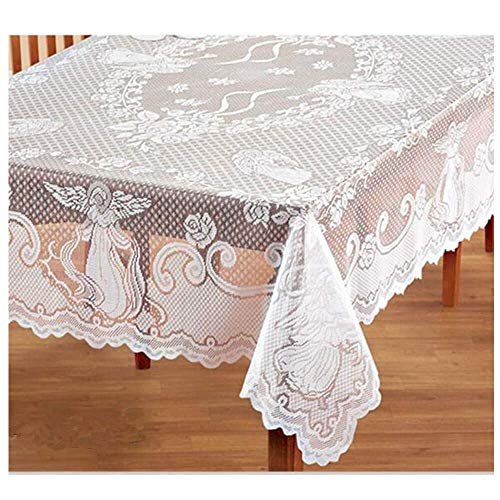 WUBODTI Manteles rectangulares de encaje blanco con patrón de ángel, bordado floral, para baby showers, bodas, fiestas, manteles para mesas rectangulares de comedor, cocina, 60 pulgadas de ancho x 84