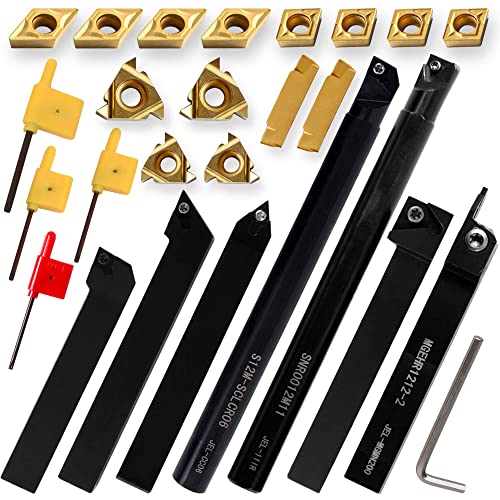 Indexable Lathe Turning Holder 1/2''-Shank - Metal Lathe Tools Holder Set 7 PCS for Turning Grooving Threading Boring with Carbide Inserts Turning Inserts 14 PCS