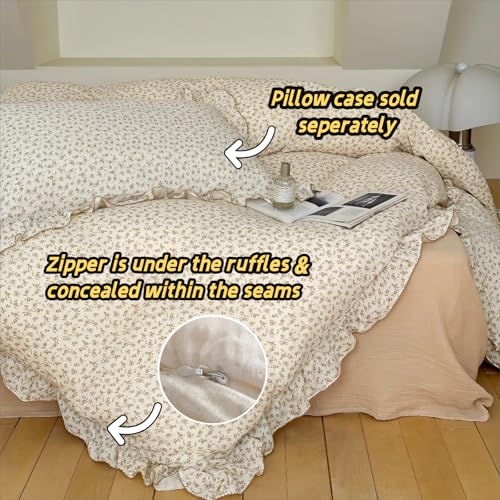 Image of BuLuTu Vintage Floral Design Kids Duvet Cover Twin Cottage Camellia Print Comforter Cover with Ruffles Soft Muslin Cotton Quilt Cover for Girls Boys, Zipper & Corner Ties, No Pillowcase