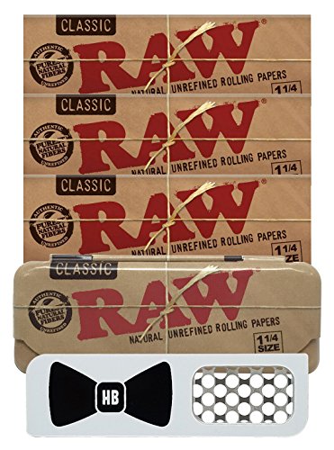 Bundle - 5 Items - Hippie Butler V-Syndicate 1 1/4 Rolling Paper Size Grinder Card, RAW Natural 1 1/4 Rolling Papers(3 Packs), and Paper Case
