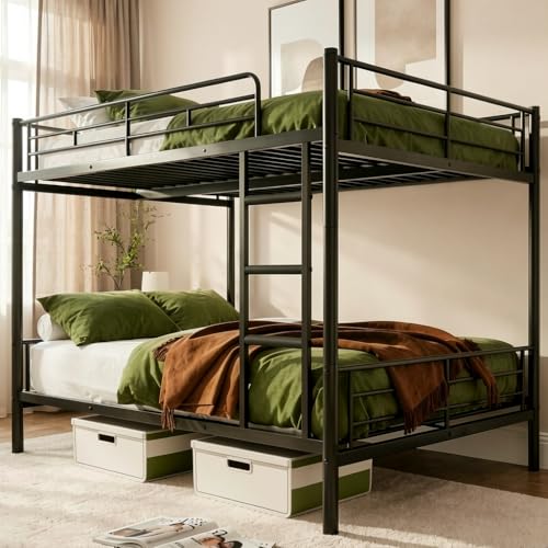 Mixcous Full Over Full Bunk Bed for Adults Heavy Duty Metal Bunk Bed Frame Convertible into 2 Full Beds Noise-Free Full-Length Guardrails & EVA Padded Ladder No Box Spring Needed Black
