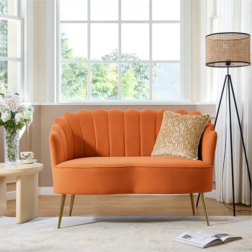 Image of HULALA HOME Modern Velvet Loveseat Sofa with Flower Shaped Back, Comfy Upholstered 2-Seater Sofa with Gold Metal Legs, Small Love Seat Accent Couch for Living Bedroom Leisure Areas, Orange