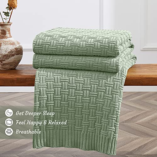 Image of TREELY 100% Cotton Knitted Throw Blanket 90 x 90 Inches, Light Sage Green