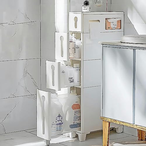 Armario delgado y estrecho para baño con cajones extraíbles y ruedas, torre de almacenamiento impermeable para dormitorio y sala de estar
