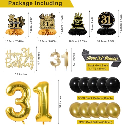 Image of 31st Birthday Decorations for Men, Black Gold 31st Party Decorations | 27pcs Happy 31st Birthdays Set: Banner, Honeycomb, Balloons, Gold Number, Candle, Hanging Swirls, Cake Topper, Party Supplies