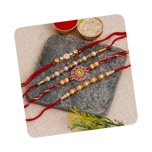 Image of eCraftIndia Set of 4 Rakhi Combo Hamper | Red Golden & White Beads Pearl Diamond Designer Rakhis