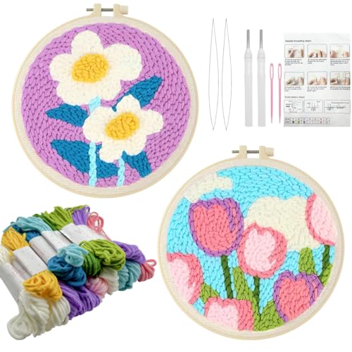 Image of AEDNX 2 Sets Punch Needle Kit Adults Beginner Flower Embroidery Kit,Hand Embroidery Kit Include Embroidery Hoops and Yarns and Needles and Instructions