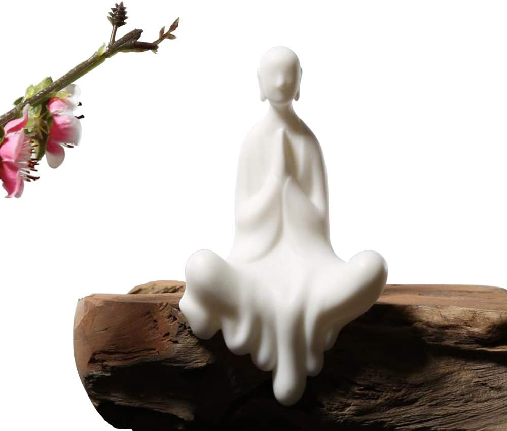 Kingzhuo White Ceramic Cute Sitting Buddha Statue Beautiful Sculpture Praying Hands Meditation Monk Figurine Peaceful Little Statue Home Decor Ornaments Delicate Crafts Handmade 4'' Inch Tall