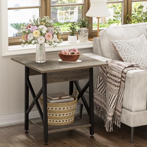 Image of GreenForest Square End Table 24 Inch with X-Frame 2-Tier Storage | Nightstand for Living Room & Bedroom, Rustic Decor, Sturdy, Waterproof Scratchproof Top, Easy Assembly, Gray Wash