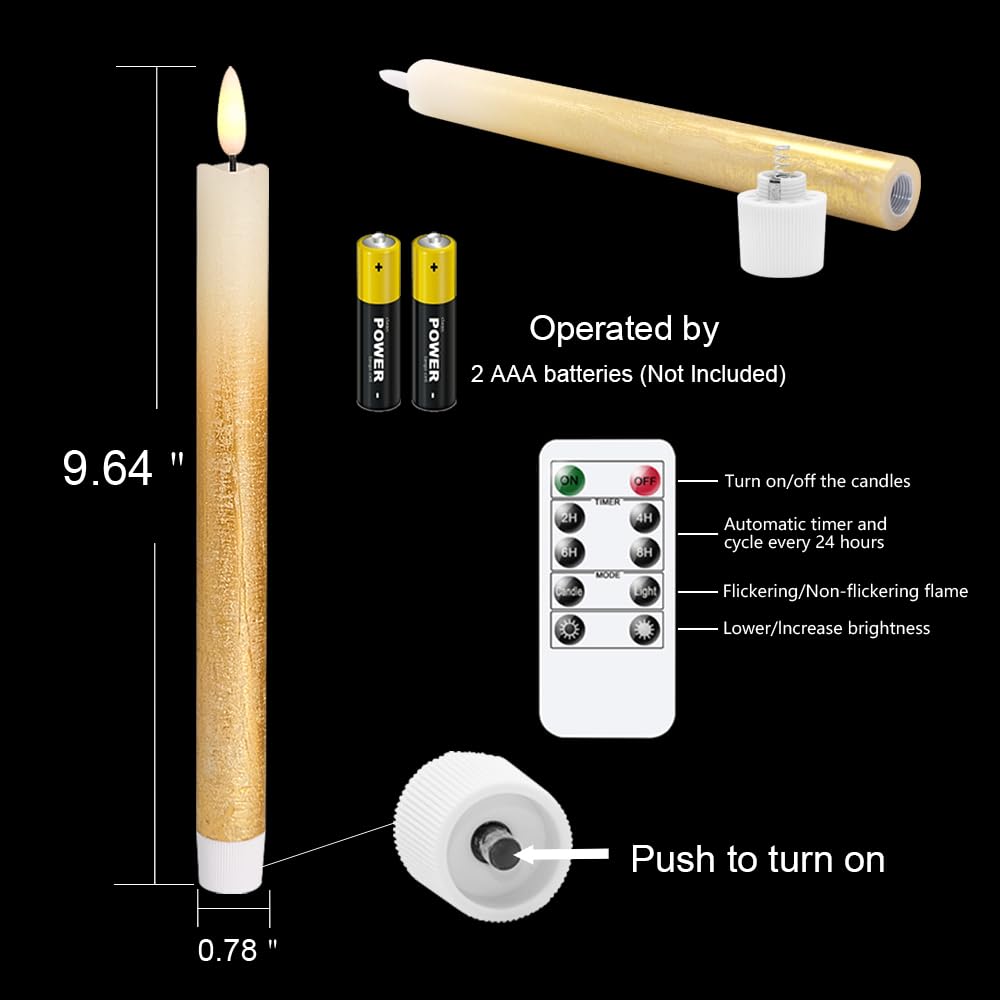 Set di 6 candele coniche senza fiamma, senza fiamma, funzionamento a batteria, con timer remoto, in vera cera, con stoppino 3D, in vera cera, decorazione per cene, matrimoni e vacanze (2 cm
