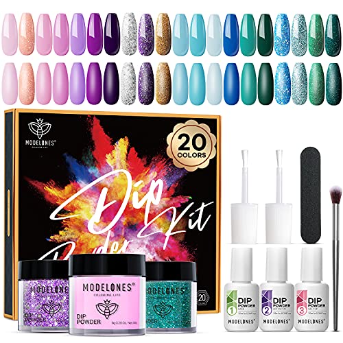 Modelones 20 Colors Dip Powder Nail Kit Starter-Ocean Nude Style Nail Dip Kit Color for DIY Manicure, Acrylic Dipping Powder Kit System with Essential Liquid Activator Dip Base and Top for Beginner