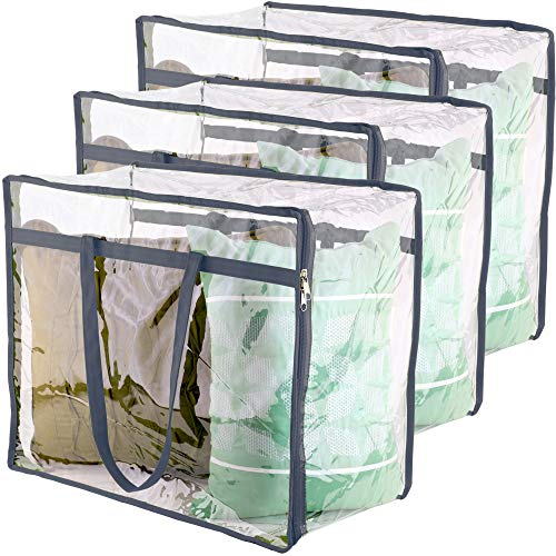Clear Vinyl Zippered Storage Bags (3-Pack) 40L Sturdy Storage Bags for Sweaters, Blankets, Comforters, Bedding Sets and Much More! (Gray, 18x15x9)