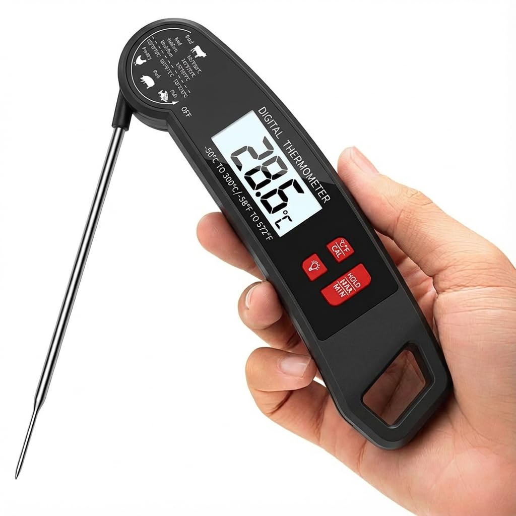 Digital Meat Thermometer UK - 1s Instant Read Food Thermometer IP67 Waterproof with Backlight & Magnet for Grilling BBQ Baking (Black)