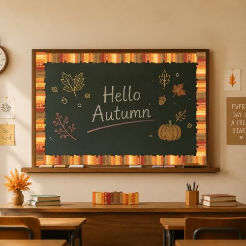 Image of BeYumi Fall Bookshelf Border Trim - 65ft Fall Books Rolled Border Classroom | Autumn Orange Brown Bookshelf Bulletin Board Border Set School Classroom Library Office Chalkboard Home Wall Party Decoration