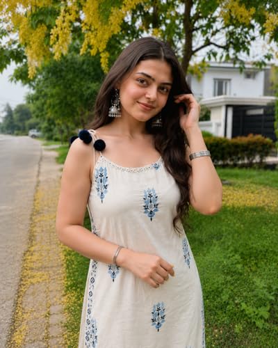 Image of Women's Embroidered Kurta Set, Off-White with Blue Floral Print, Sleeveless Strappy Kurta with Pom-Pom Detail and Matching Pants