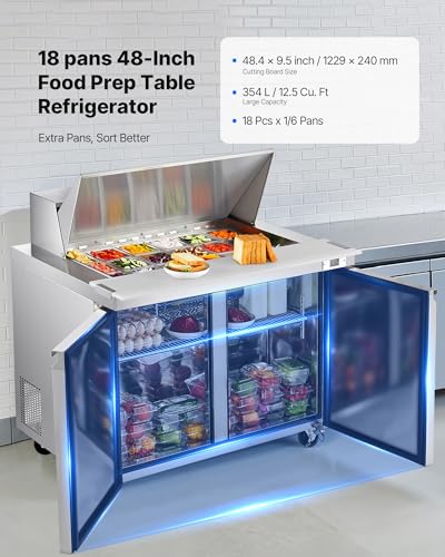 Image of VEVOR 48 inchW Commercial Refrigerator, 12.5 Cu. Ft Sandwich Prep Refrigerated Table, Mega Top Food Prep Fridge with 18 Pans and Cutting Board, Stainless Steel Salad Prep Cooler for Restaurant, Food Truck
