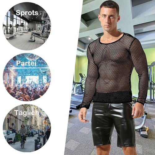 QiaTi Herren Mesh Fishnet Durchsichtig Langarm T-Shirt Muskel Transparent Shirts Langarm Unterhemd