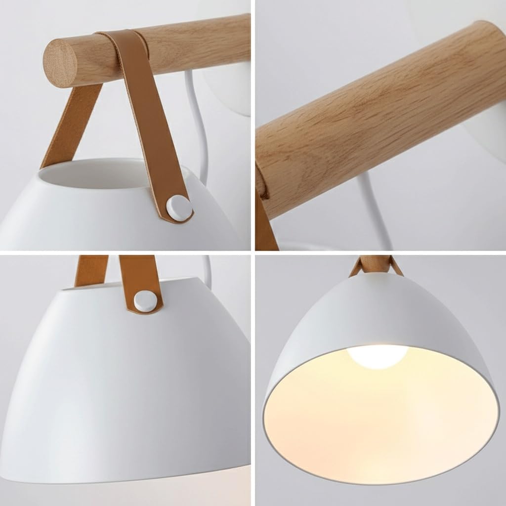 Kinkiet do sypialni, korytarza, wnętrza, nowoczesne drewno, lampa ze skórzanym paskiem, nordycki biały metalowy klosz, lampa nocna z podstawą E26/E27, minimalistyczny