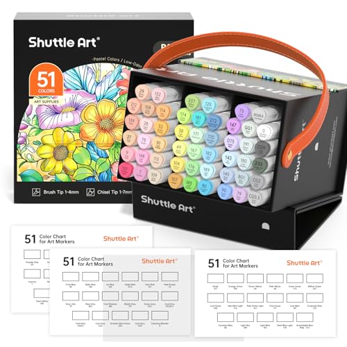 Shuttle Art Rotulador Colores de 50 Colores Pastel, Rotuladores Alcohol Punta Pincel, Alcohol Markers con Estuche Perfecto para Ilustración Adultos Colorear Dibujar y Tarjetería