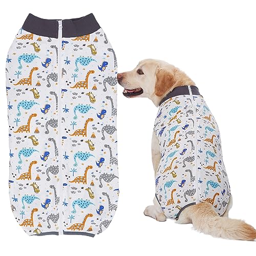 KUVEELA PET 大型犬 中型犬 術後服 メス オス 犬 手術後 服 犬用術後ウェア 介護服 ペット服 エリザベスカラー 避妊 離乳 傷口保護((恐竜柄)ホワイト LL)