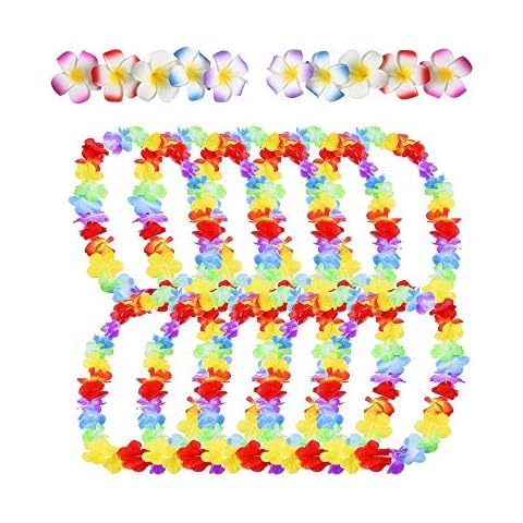 Kioneer 20Pcs Hawaiian Flower LeisFun Little Toys Floral Wreath for Necklace Beach ,Dress and Luau Party Decoration Supplies and 10 Pieces Hawaiian Luau Flower Lei Hair Clip Beach Party Decorations Cover