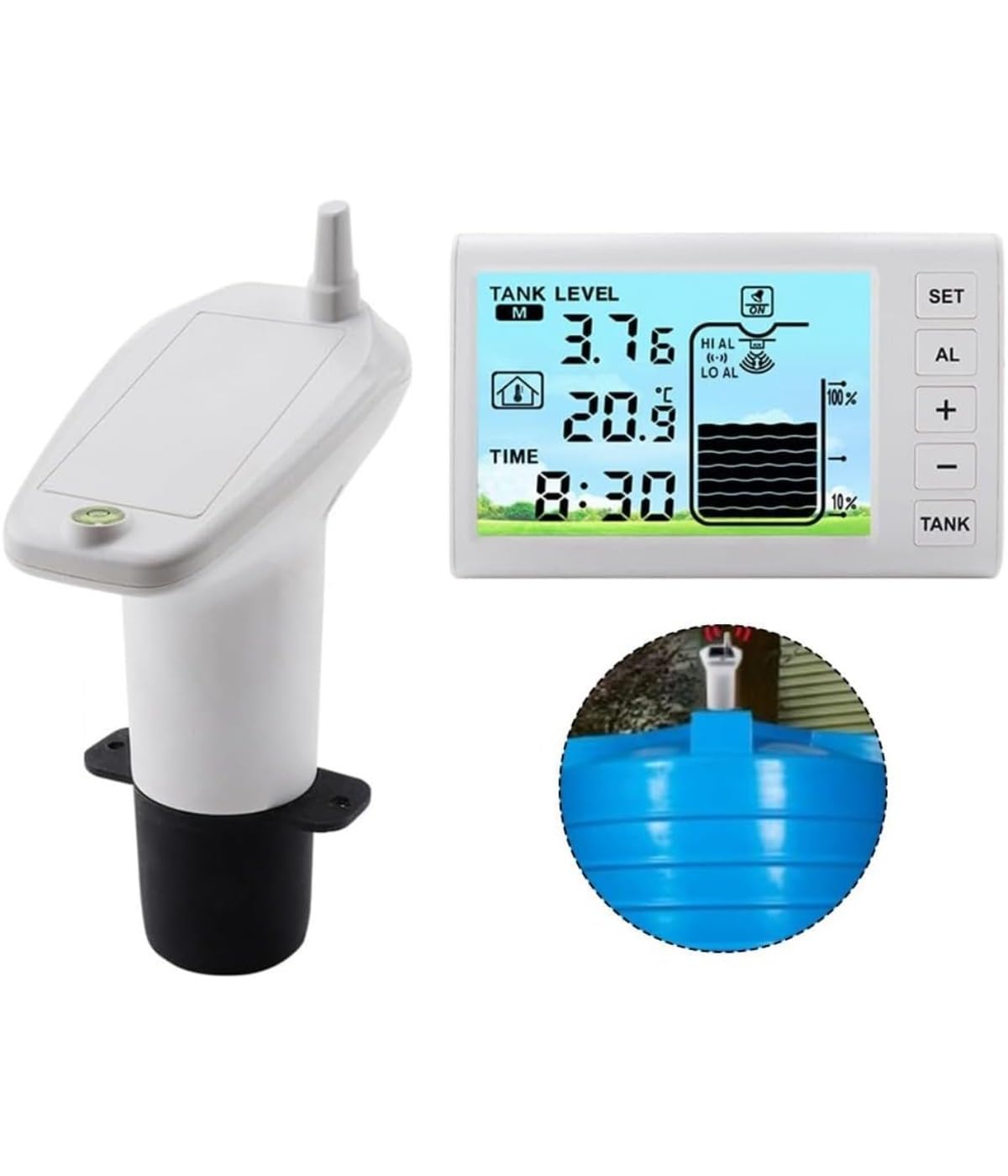 TSFT005 Wassertank-Füllstandsmesser, Drahtlose Wassertank-Füllstandsanzeige, kann Wasserstand und Temperatur messen, Weiß, 1 Set