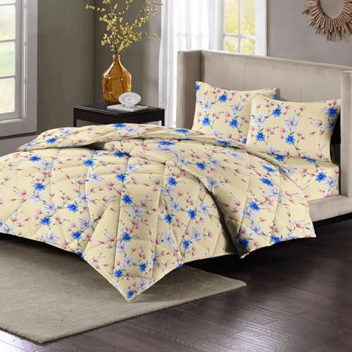 Image of HOMEKART 220 GSM Microfiber 4-Piece Comforter Bedding Set for Double Bed | King Size AC Comforter with Flat Bedsheet (90x100 Inch) & 2 Pillow Covers | Soft, Lightweight & All-Season | Beige-Blue