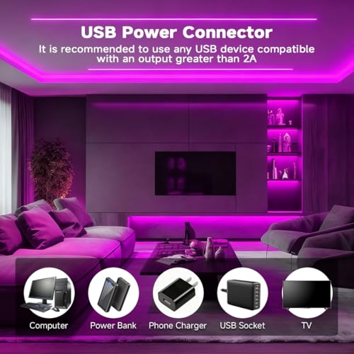 Image of 5V COB LED Strip Light Purple USB Flexible High Density COB Strips 320LEDs /m 6.56FT 8mm LED Tape for Under Cabinet Bedroom, No Controller /Power