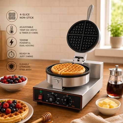 Image of Modern India Kitchenware Commercial Electric Waffle Maker Machine with Non-Stick Plate, Stainless Steel Belgian Waffle Baker for Cafe, Restaurant & Bakery