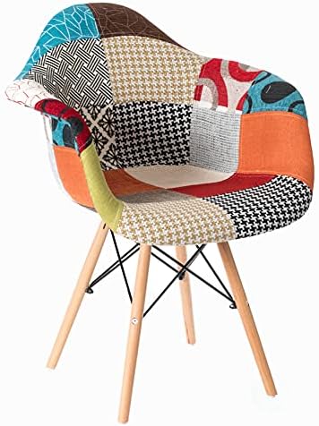 Mid-Century Modern Upholstered Plastic Multicolor Fabric Patchwork DAW Shell Dining Chair with Wooden Dowel Eiffel Legs