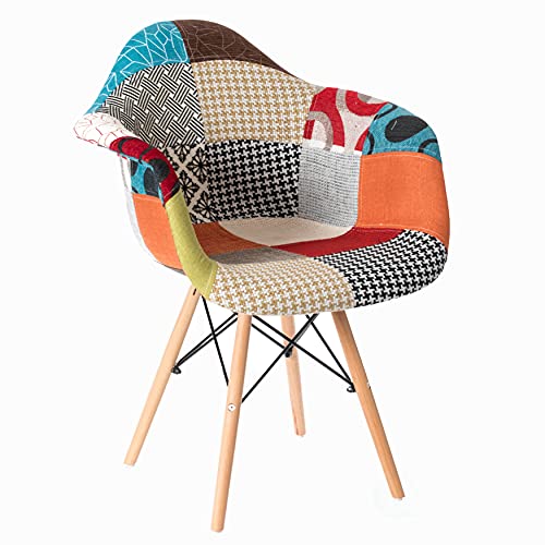 Mid-Century Modern Upholstered Plastic Multicolor Fabric Patchwork Daw Shell Dining Chair With Wooden Dowel Eiffel Legs #TOP3