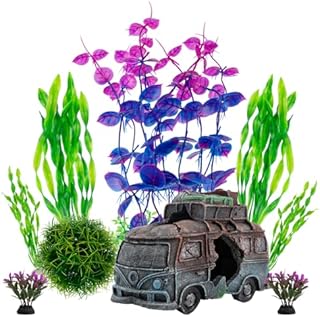 BEGONDIS Camper Van Tourer with 8 Pcs Plastic Plant Set Artificial Polyresin Aquarium Ornament Aquatic Model Decoration Fish Tank Marine Decor Ornaments (Car)