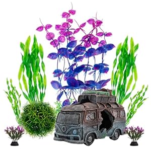 BEGONDIS Camper Van Tourer with 8 Pcs Plastic Plant Set Artificial Polyresin Aquarium Ornament Aquatic Model Decoration Fish Tank Marine Decor Ornaments (Car)