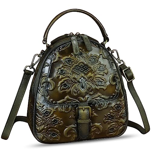 Image of Genuine Leather Satchel for Women Purse Embossed Crossbody Handbag Top Handle Bags Handmade Convertible Backpack Knapsack | Embossed