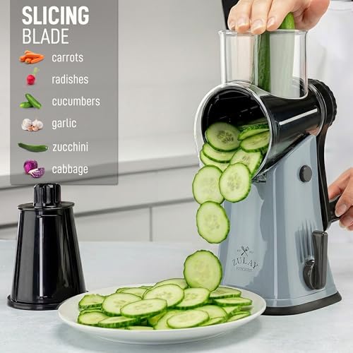 Image of Zulay Kitchen Rotary Cheese Grater 5 Blade Cheese Shredder - Manual Hand Crank Cheese Grater With Reinforced Suction & 5 Interchangeable Drums - Easy to Use, Vegetable Chopper Round Mandoline Slicer