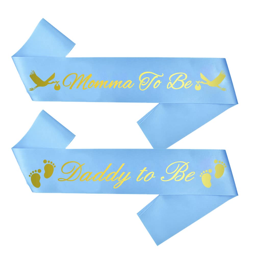 CoolerthingsDG, "Momma To Be" & "Daddy To Be" Baby Shower Sash Bundle,With Cute Stork Image (Blue & Gold Lettering) BOY Baby Shower Party Decorations,