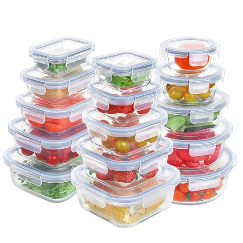 BAYZZ 30 Pieces Glass Meal Prep Containers, Airtight Glass Food Storage Containers, Glass Lunch Containers with Lids, Leak Proof, Microwave, Freezer and Dishwasher Friendly