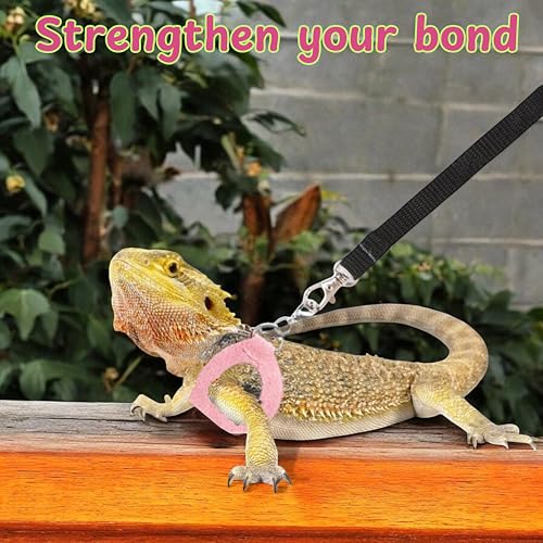 Image of Bearded Dragon Harness and Leash with Bunny Ears Set, Bearded Dragon Hats, Reptile Leash and Cute Hat, Costume Small Reptile Supplies for Gecko Squirrel (Pink Bunny)