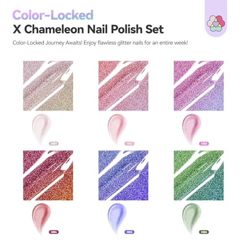 Image of SAVILAND Chameleon Nail Polish Set: 6 Colors Aurora Shimmer Fingernail Polish Holographic Green Purple Red Glitter,Fast Quick-Dry Nail Lacquer Manicure Art Kit for Toe DIY Salon Home 10ml