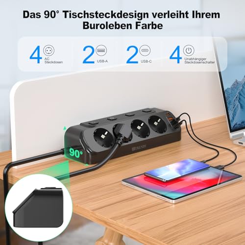 Tischsteckdose mit USB,8 in 1 Steckdosenverteiler Flachstecker mit 3M Kabel für Smartphones,4-Fach Schaltbar, 2 USB-C, 2 USB-A,Steckdosenleiste Schreibtisch einzeln Schaltbar, Schwarz 6