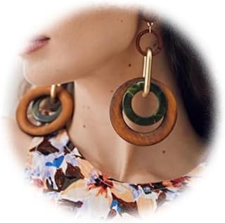 Large Wood Earrings Dangle Drop Brown Green Geometric Round Retro Bohemian Natural African Big Statement Circle Earrings for Women