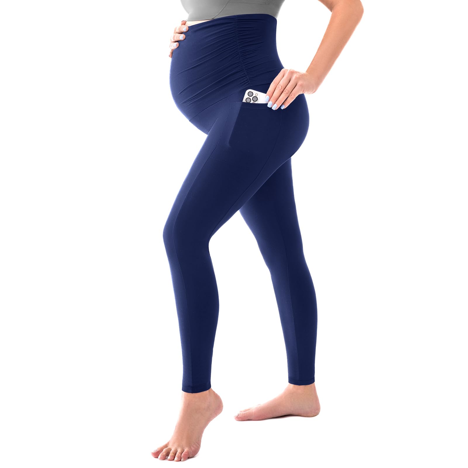 SINOPHANT Women's Maternity Leggings Over The Belly with Pockets,Pregnancy Yoga Pants Workout Leggings Navy Blue S