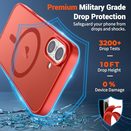 Image of SUPFINE Magnetic for iPhone 16 Case (Compatible with MagSafe) (Military Grade Drop Protection) Slim Translucent Matte Shockproof Phone Cover,Red