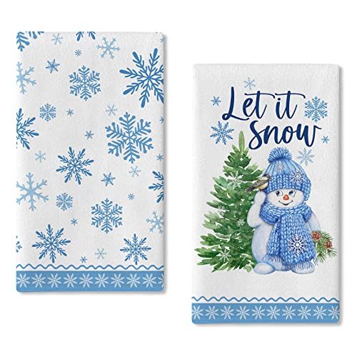 Seliem Winter Let it Snow Snowman Kitchen Dish Towel Set of 2, Blue Snowflakes Chickadee Hand Drying Baking Cooking Cloth, Christmas Tree Pine Cones Holiday Decor Home Decorations 18 x 26 Inch