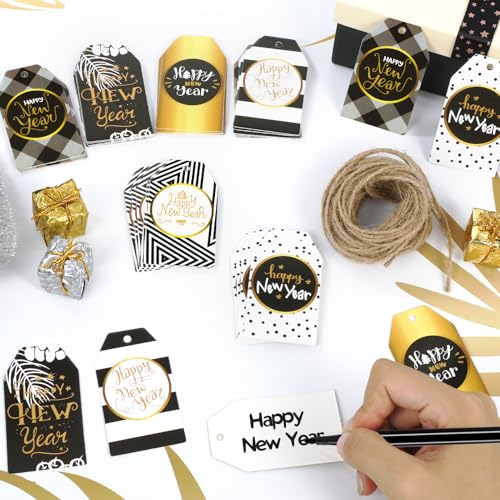 HOWAF-60pcs-Happy-New-Year-Paper-Gift-Tags-Black-and-Gold-New-Year-Name-Tags-Label-with-String-for-2025-New-Year-Presents-Decoration-New-Year-Decorations-Gift-Wrap-Supplies-DIY-Kraft-Paper-Label