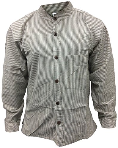 SHOPOHOLIC FASHION Camisa de Abuelo a Rayas para Hombre, Ropa Hippie de algodón de Manga Larga con Cuello de Banda, Luz Negro, XXXX-Large