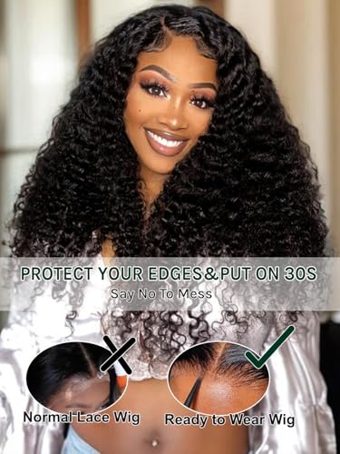 Image of KLAIYI Curly Bye Bye Knots Glueless Wig Human Hair Pre Cut 7x5 HD Lace Front Wig Pre Plucked Bleached 30S Ready to Wear and Go Wigs for Black Women Water Deep Wave Beginners Wig with Baby Hair 24Inch