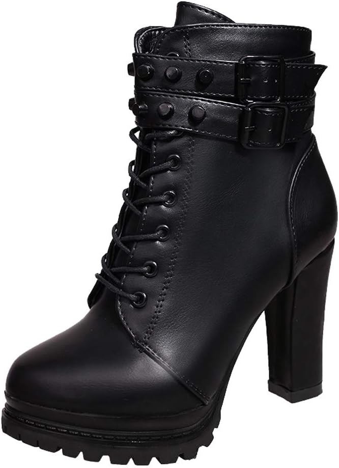 Lazzboy 1stLazzboy Women Boot Booties Ankle/Mid-Calf High Heel Pumps/Flat Leather Rivets Buckle Lace-Up/Zip Shoes