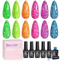 Beetles Reflective Glitter Gel Polish Set 6 Colours Neon Christmas Orange Hot Pink Purple Gel Nail Polish Soak Off UV Nail Art Manicure Gifts for Women Girls